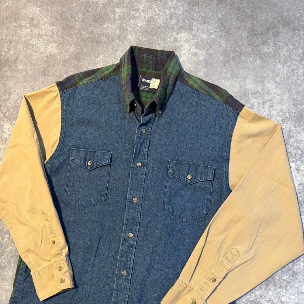 Vintage Wrangler Colorblock Denim Flannel Plaid Back Shirt Mens 16.5-34 XL Lng